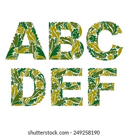 Stylish script with spring herbal ornament. Beautiful font with floral pattern, A, B, C, D, E, F.