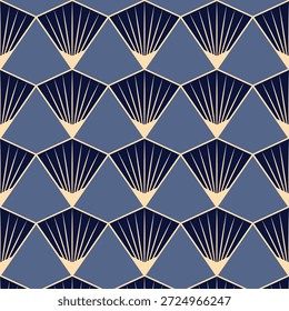 Elegante patrón Art Deco sin fisuras con elegantes Elementos geométricos en forma de abanico en tonos azules y dorados. Ideal para marcas de lujo, empaques, textiles, Fondo de pantalla y fondos premium