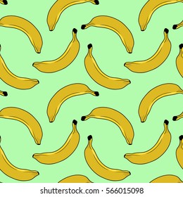 Stylish seamless background with bananas on green background. Seamless vector pattern
