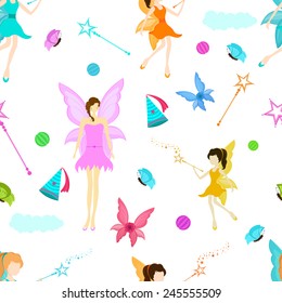 Stylish seamless background for fairy concept with angel, cap, wings, magic stick and butterflies.