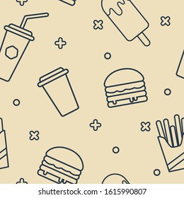Stylish seamless background. Fast Food Dishes. French fries, hamburg, drinks in paper cups and ice cream. Bold dark blue outlines only. Calm light yellow background. Pattern for wrapping paper.
