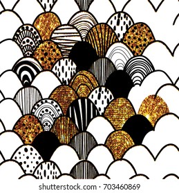 Stylish seamless background with scales. Drawing by hand. Jewel, ornaments.