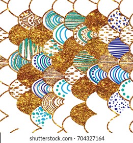 Stylish seamless background with scales. Drawing by hand. Texture of paint, gold.