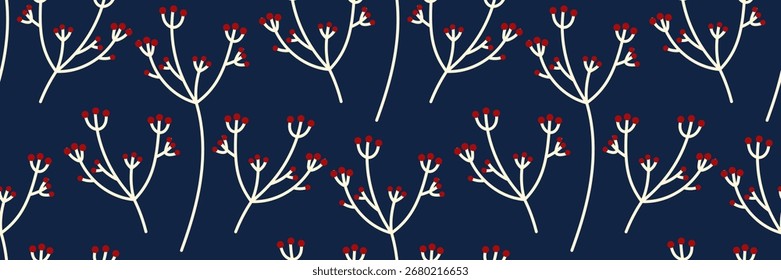 Elegante padrão botânico sem emenda com ramos brancos simples e bagas vermelhas. Fundo de outono azul marinho. Para papel de embrulho, papelaria, têxteis, papel de parede. Ilustração moderna do vetor botânico.