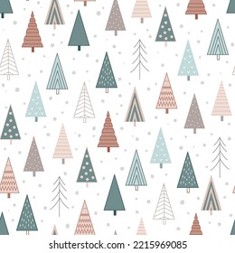 Stylish seamless Christmas background with doodle abstract Xmas trees in geometric shape. Cute pastel palette