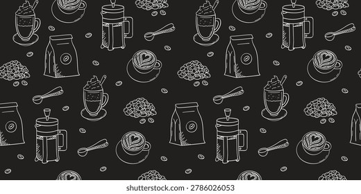 Stylish seamless coffee pattern featuring hand drawn coffee elements including latte art cups, french press, beans, bag and scoop spoon. Minimal monochrome doodle illustration perfect for café branding, packaging, menus, textiles, wallpapers, wrapping paper and coffee shop designs.