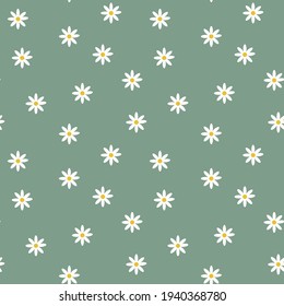Stylish seamless deep green background with chamomile flowers. Floral modern print. Great for fabric, wallpaper, textile, wrapping. Vector simple template.