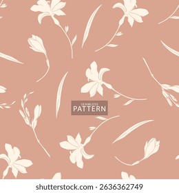 Stylish seamless floral pattern with elegant ivory flowers and leaves on a terracotta background. Great for modern stationery, textiles, and minimal-themed decor.