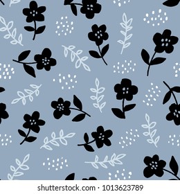 Stylish seamless floral pattern with hand drawn black flowers on gray background. Ditsy print for textile. Scandinavian design style, vector illustration
