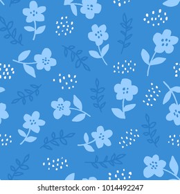 Stylish seamless floral pattern with hand drawn blue flowers on blue background. Ditsy print for textile. Scandinavian design style, vector illustration