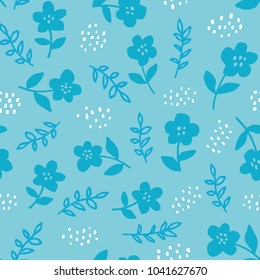 Stylish seamless floral pattern with hand drawn flowers on blue background. Ditsy print for textile. Scandinavian design style, vector illustration