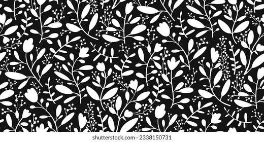 Stylish seamless floral pattern. Nature - flowers, leaves, twigs and berries. Abstract vector black white print. Simple silhouette minimalism.