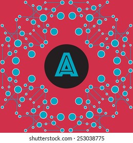 stylish seamless geometric abstraction with circles and lines with blue text on red background, graphic element or header background