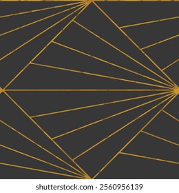 A stylish, seamless geometric pattern featuring intersecting lines creating a diamond-shaped and fan-like design in a dark gray background with gold accents.