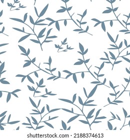 Diseño elegante y moderno de hoja. Patrón natural con ramas de hojas ornamentales. Fondo monocromo sencillo de hojas azul sin costuras. 