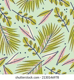 Stylish seamless pattern, background, illustration with tropical leaves. Vector print 