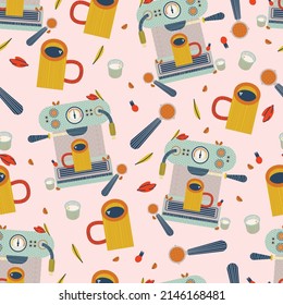 Stylish seamless pattern, background, print with coffee machines and cups. Vector cute design