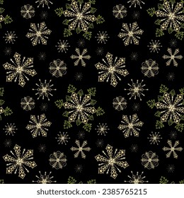 Patrón impecable de hermosos copos dorados de nieve de diferentes formas sobre un fondo negro. Tema festivo de Año Nuevo. Diseño vectorial repetible para decoración de invierno, impresión, papel pintado, embalaje