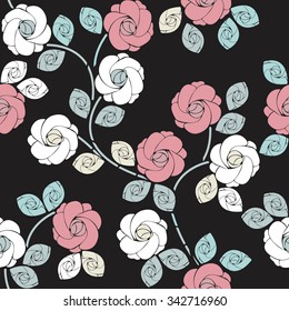 Stylish seamless pattern with beautiful roses and leavesPerfect for background, greeting cards and invitations to the day of the wedding, birthday and more designs.