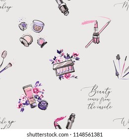 Stylish seamless pattern for beauty salon. Vector fashion illustrations with watercolor style paint splashes. and beautiful graphic on white background. Design for logo, t-shirt and uniform.