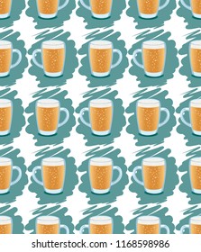 Stylish seamless pattern with a beer mugs on a blue background. Original design of menu, alcohol list, wrapping packing, decoration for beerfest, pub, bar, restaurant, cafe, event, etc.