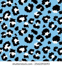 Stylish seamless pattern with black and white leopard-style spots on a soft blue background. Vector print for fashion, textiles, wallpapers, and modern graphic design, offering a bold and trendy look