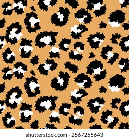 Stylish seamless pattern with black and white leopard-style spots on a rich orange background. Perfect vector print for fashion, textiles, wallpapers, and modern graphic design,