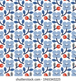 Diseño impecable con flores azules y bayas rojas, hojas grises y azules y ramas azul marino sobre el fondo blanco. Ornamento vectorial con ambiente rústico nacional para tela, envoltura y pared