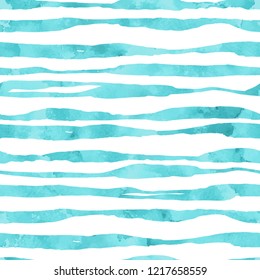Stylish seamless pattern with blue textured watercolor stripes