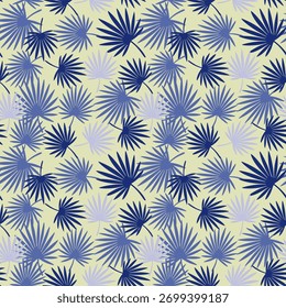 A stylish seamless pattern of blue tropical fan palm leaves. A modern botanical background design for textiles