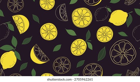 Elegante patrón sin fisuras de limones de contorno amarillo brillante y rodajas de cítricos con hojas verdes sobre un sofisticado fondo oscuro.