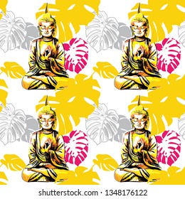 
Stylish seamless pattern with buddha. Nice colors, tropical plants. Exotic, Asian background.