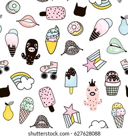 Stylish seamless pattern with cactus, donut, ice cream,rainbow, roller,lips,pear.Doodle trendy background. Vector Illustration