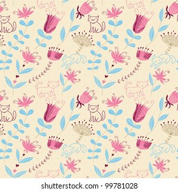 Stylish seamless pattern with cartoon cats in bright spring colors