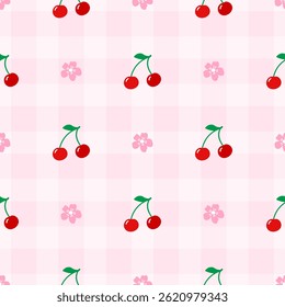 Stylish seamless pattern  with cherries and gingham, vector ideal for modern fabric, edible-themed wallpapers, and playful textile designs