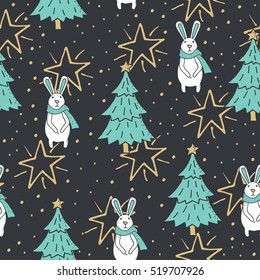 Stylish seamless pattern with Christmas tree and cute bunny in vector. Can be used for wrapping paper, pattern fill, web page background and fabric.