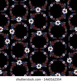 Stylish Seamless pattern in circle shape .Romantic wreath Botanical white flowers with leaves on the black background vector illustration.Design for fashion, fabric,web,wallpaper, and all prints