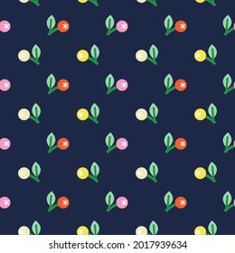 Stylish seamless pattern with colorful berries on the navy blue background. Vector ornament for fabric, wrapping and wallpapers.