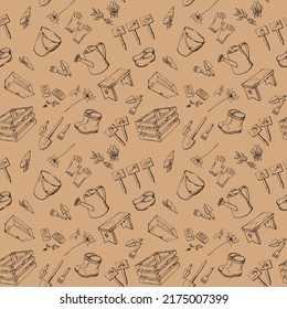 Stylish seamless pattern with contour sketch garden tools, watering can, boots, shovels, seeds. Monochrome endless texture with black line art elements on beige background. Vector illustration.