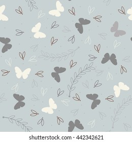 Stylish seamless pattern with cute plants, butterflies and petals can be used for greeting cards and invitations to the day of the wedding.