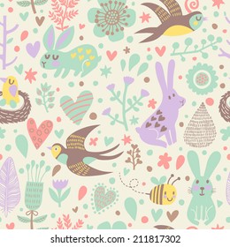 Stylish seamless pattern with cute swallows, rabbits, bee and flowers in vector. Seamless pattern can be used for wallpapers, pattern fills, web page backgrounds,surface textures