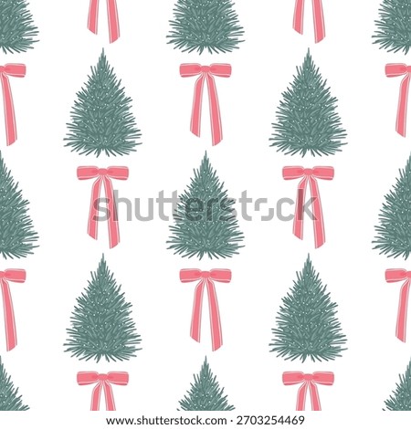 Stylish seamless pattern of decorative Christmas trees and classic bows in pink and dusty blue colors on white. Modern, elegant, and cute for holiday fabric and packaging