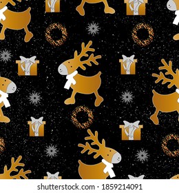 Stylish seamless pattern with deers, snowflakes and gifts on black background. Merry christmas and happy new year background.