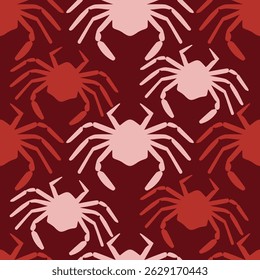 Stylish seamless pattern displaying spiders in contrasting red and pink tones on a deep red background. Perfect for bold textile prints, Halloween decorations, gothic-inspired art,