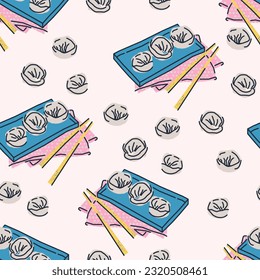 Patrón elegante y sin fisuras con bolas sobre platos con palillos. Cocina tradicional. Fondo del vector, impresión, diseño