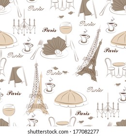 Stylish seamless pattern with eiffel tower , cafe and bird