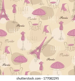 Stylish seamless pattern with eiffel tower , cafe and mannequin