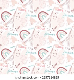 stylish seamless pattern with eiffel tower, rainbow, hearts and letters