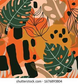 Stylish seamless pattern with exotic tropical leaves and plants with abstract hand drawn ornament on colourful brown backdrop. Creative palm foliage floral background.