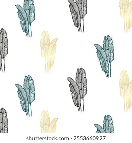 Stylish seamless pattern featuring banana leaves in gold, teal, and black on a white background  decorative elements perfect for design projects.